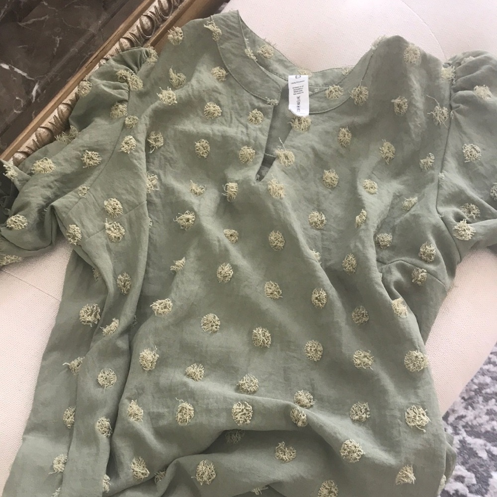 Light Olive Green Embroidered Dot Linen Top